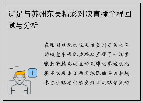 辽足与苏州东吴精彩对决直播全程回顾与分析